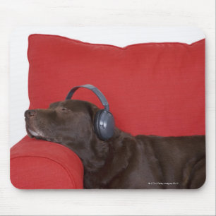 Labrador wearing headphones lying on sofa mouse mat