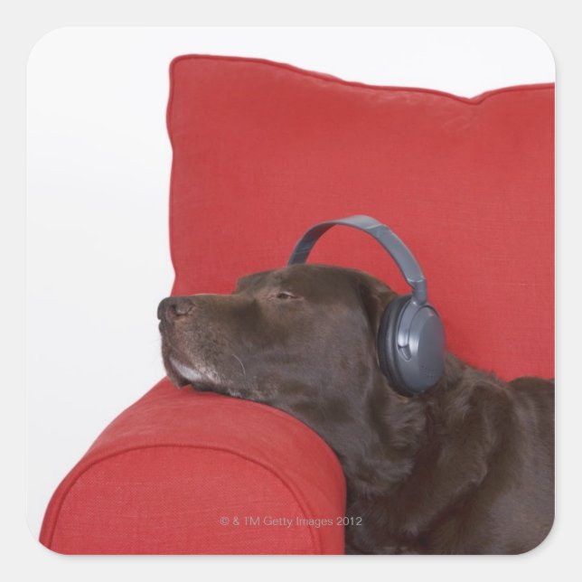 Labrador wearing headphones lying on sofa square sticker (Front)