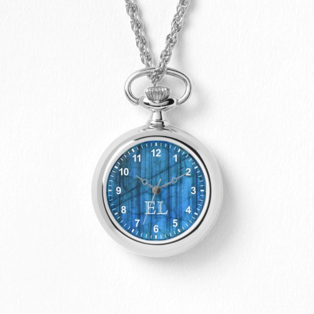 Labradorite Gems Blue Monogram Numbers Watch (Front)