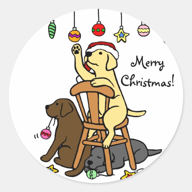 Labradors and Christmas Ornaments Cartoon Classic Round Sticker (Front)