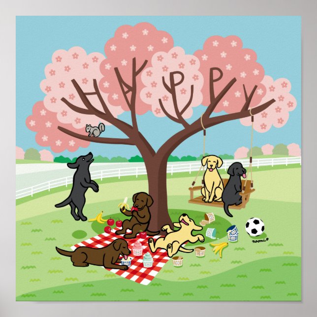 Labradors and Happy Cherry Blossom Poster (Front)