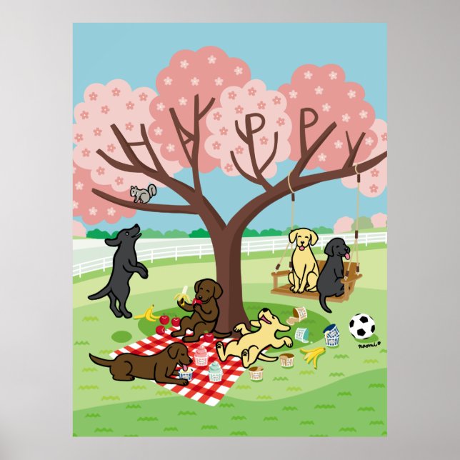 Labradors and Happy Cherry Blossom Poster (Front)