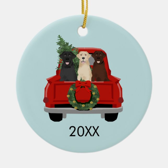 Labradors Christmas Truck 20XX Ceramic Tree Decoration (Front)