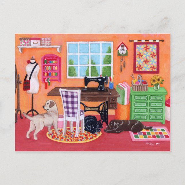 Labradors in Mum's Sewing Room Postcard (Front)