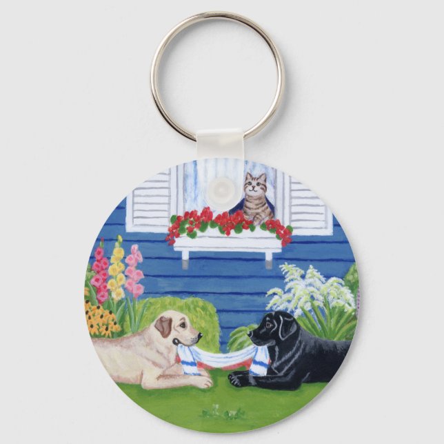 Labradors in the Garden Painting Key Ring (Front)