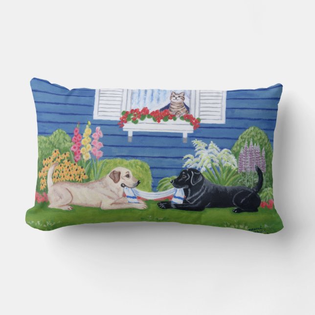 Labradors in the garden Painting Lumbar Cushion (Front)