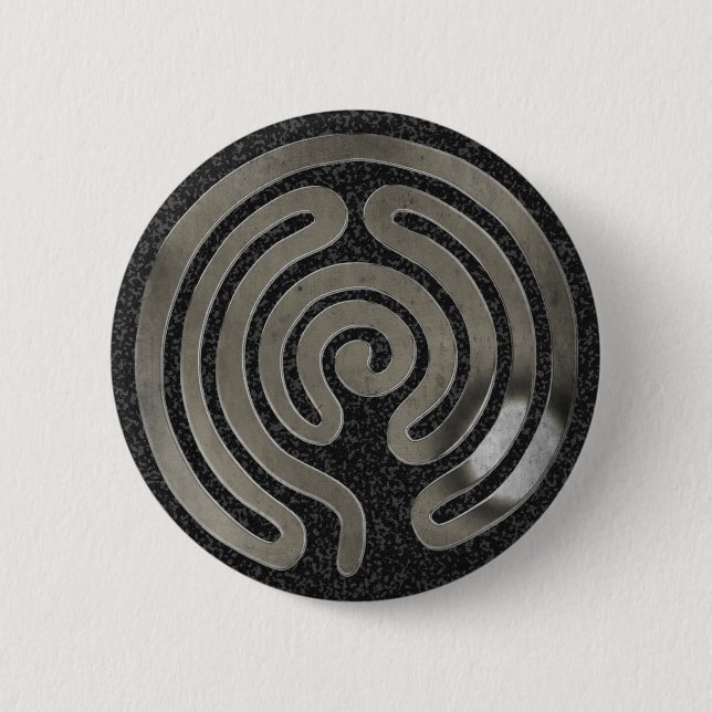 labyrinth antique silver | black splatter 6 cm round badge (Front)