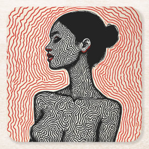 Labyrinth of Her Awakening – A Minimalist Portrait Square Paper Coaster