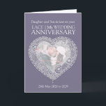 Lace 13th wedding anniversary photo card<br><div class="desc">Lace wedding anniversary card personalise with your choice of receiver,  year of marriage and photo and inside words. Example reads: Daughter and Son-in-law on your Lace 13th Wedding Anniversary and your dates. Lace heart effect art and design by Sarah Trett for www.mylittleeden.com on zazzle.</div>