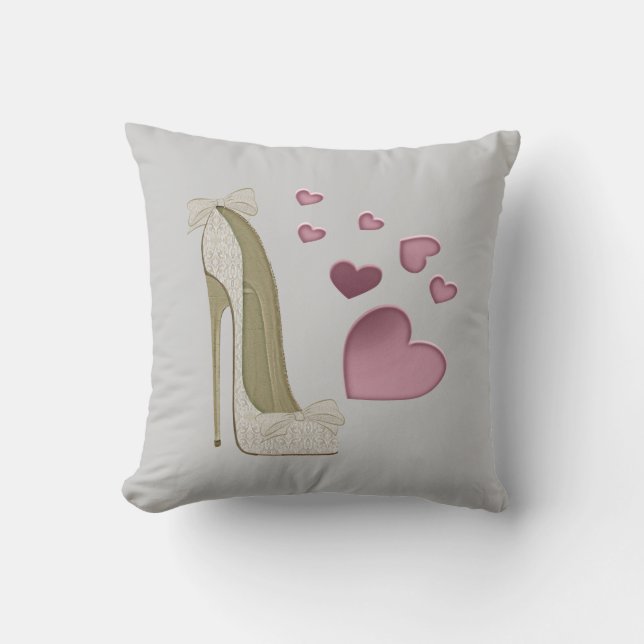 Lace and Bows Stiletto Art and Pink Hearts Pillow (Front)