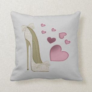 Lace and Bows Stiletto Art and Pink Hearts Pillow