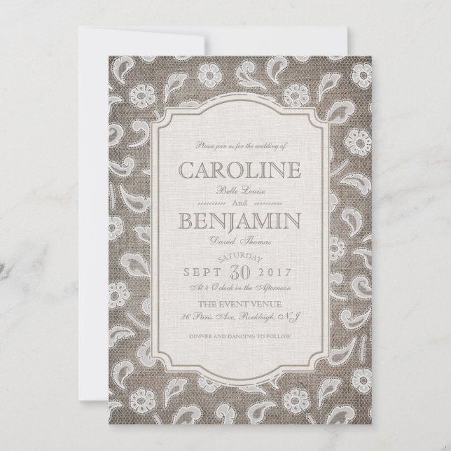 Lace and burlap elegant rustic country wedding invitation (Front)