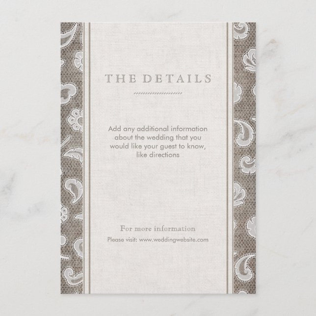 Lace and burlap rustic country wedding detail card (Front)