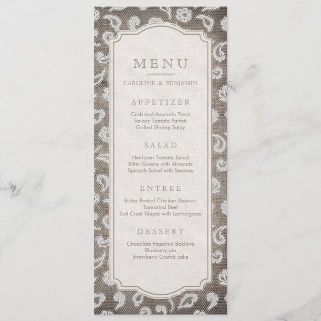 Lace and burlap rustic country wedding menu (Front)