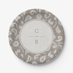 Lace and burlap rustic country wedding monogram paper plate