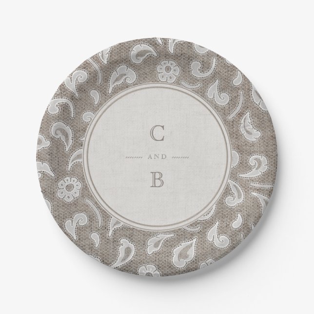 Lace and burlap rustic country wedding monogram paper plate (Front)