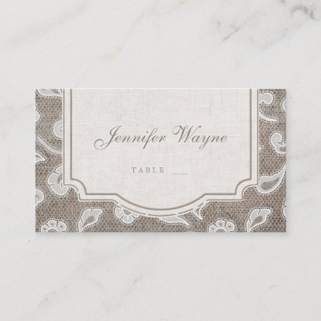 Lace and burlap rustic country wedding place cards (Front)
