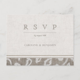 Lace and burlap rustic country wedding RSVP Invitation Postcard
