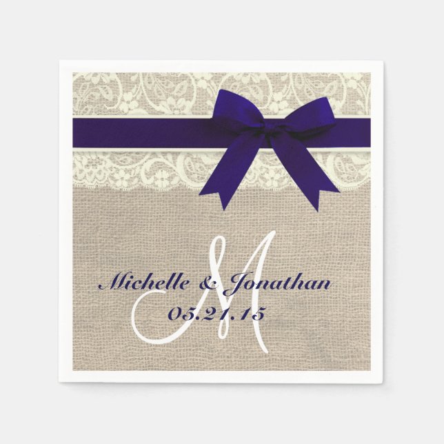 Lace and Burlap Rustic Wedding Napkin Navy (Front)