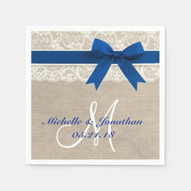 Lace and Burlap Rustic Wedding Napkin Royal Blue (Front)