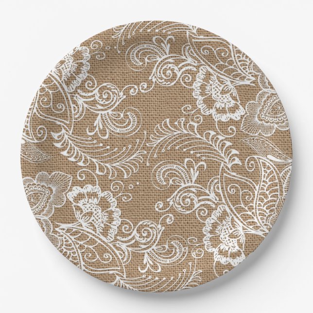 Lace and Burlap Shabby Chic Paper Plates (Front)