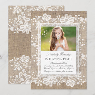 Lace and Burlap Vintage Elegant Photo Birthday Invitation