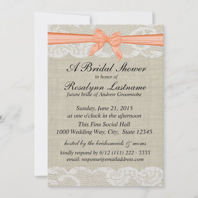 Lace and Burlap with Peach Bow Bridal Shower Invitation (Front)
