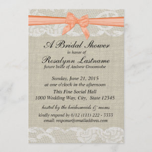 Lace and Burlap with Peach Bow Bridal Shower Invitation