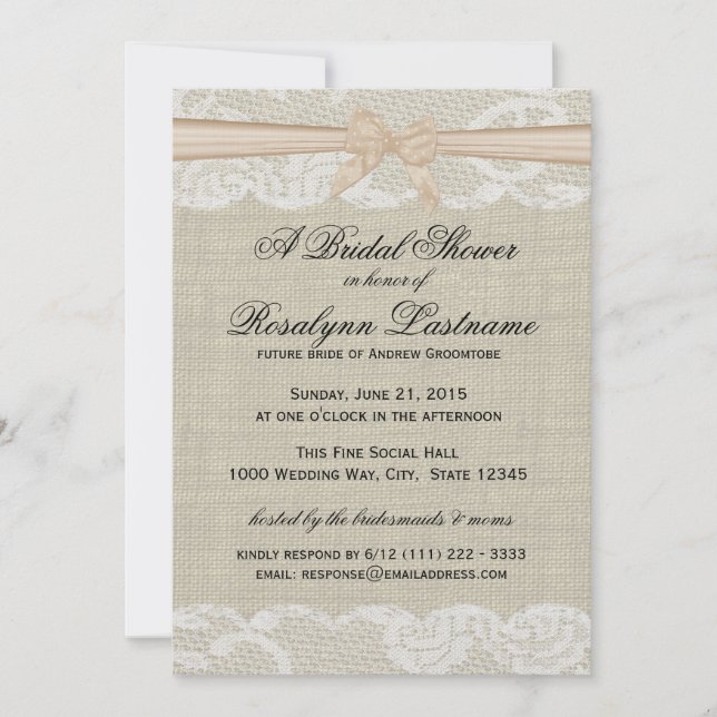 Lace and Burlap with Peach Bow Bridal Shower Invitation (Front)