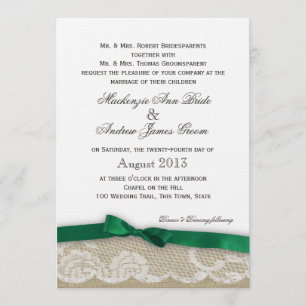 Lace and Emerald Green Bow Wedding Invitation