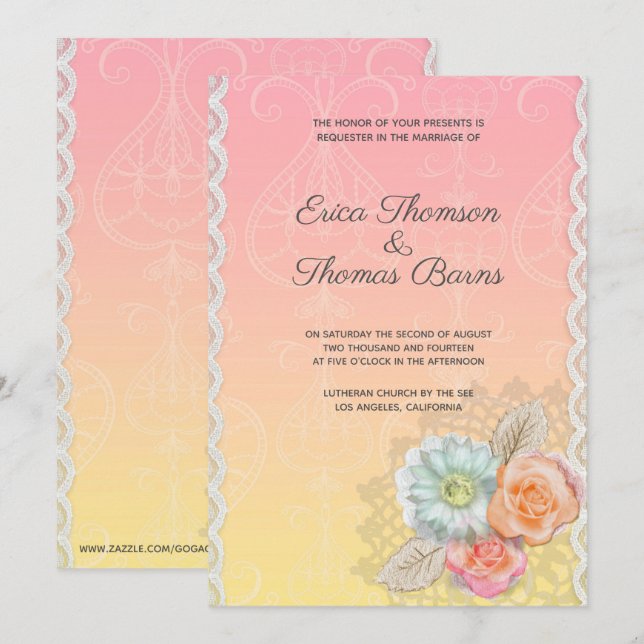 Lace And Flowers Wedding Invitation (Front/Back)