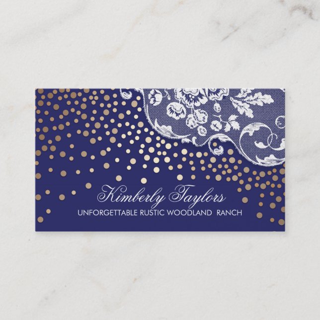 Lace and Gold Confetti Navy Vintage Business Card (Front)