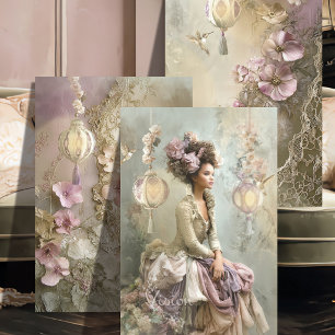 Lace and Light Triptych Sage Mauve Floral Lady Wrapping Paper Sheet