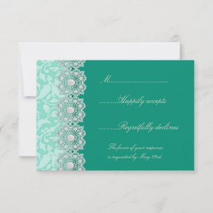 Lace and Pearls Aquamarine Wedding RSVP Card