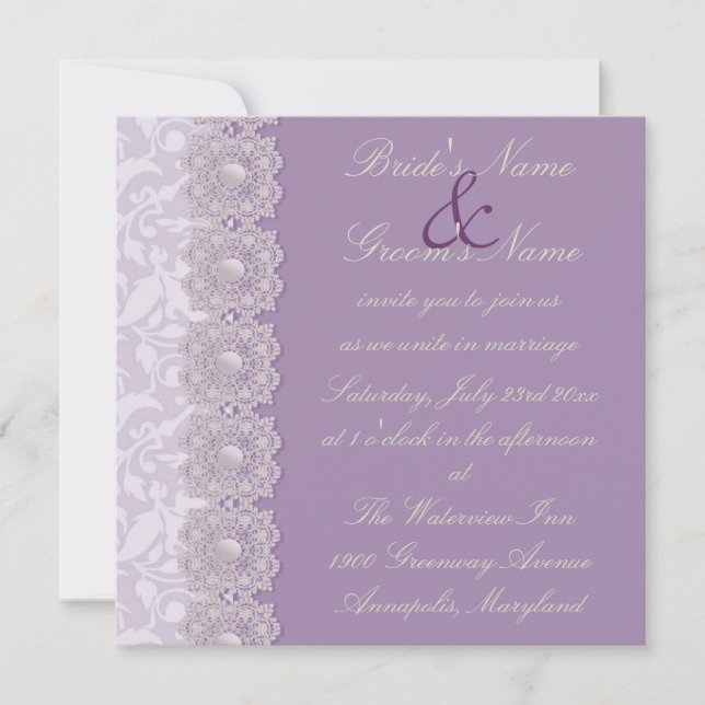Lace and Pearls Lavender Wedding Invitation (Front)