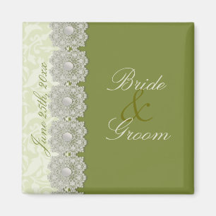 Lace and Pearls Moss Green Save the Date Magnet