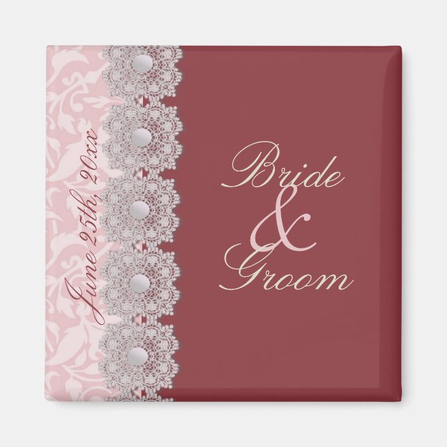 Lace and Pearls Raspberry Save the Date Magnet (Front)