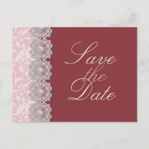 Lace and Pearls Raspberry Save the Date Postcard