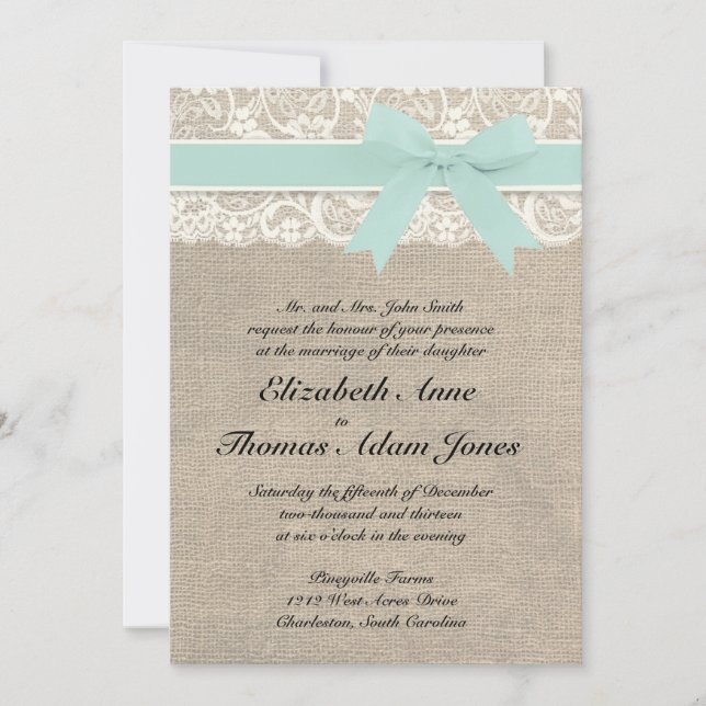 Lace and Rustic Burlap Wedding Invitation Seafoam (Front)