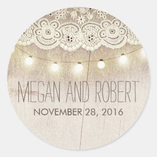 Lace and String Lights Rustic Wedding Classic Round Sticker
