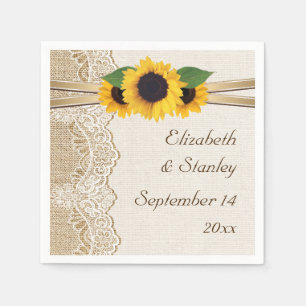 Lace and sunflowers on burlap wedding napkin