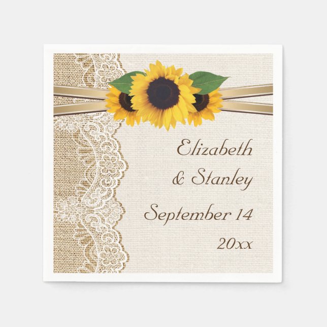 Lace and sunflowers on burlap wedding napkin (Front)