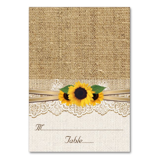 Lace and sunflowers on burlap wedding place card (Front)