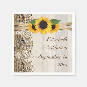 Lace and sunflowers on wood wedding napkin