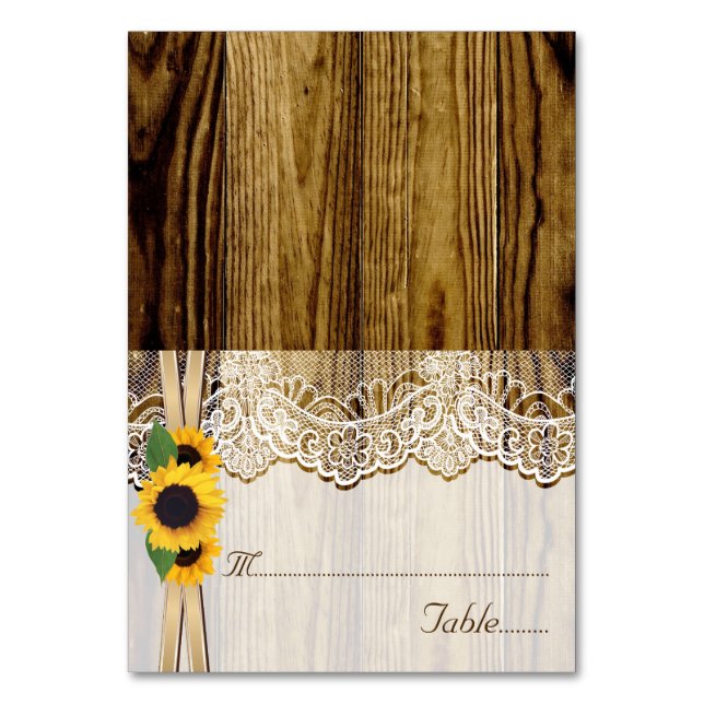 Lace and sunflowers on wood wedding place card (Front)