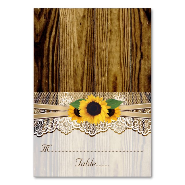 Lace and sunflowers on wood wedding place card (Front)