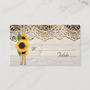 Lace and sunflowers on wood wedding place card