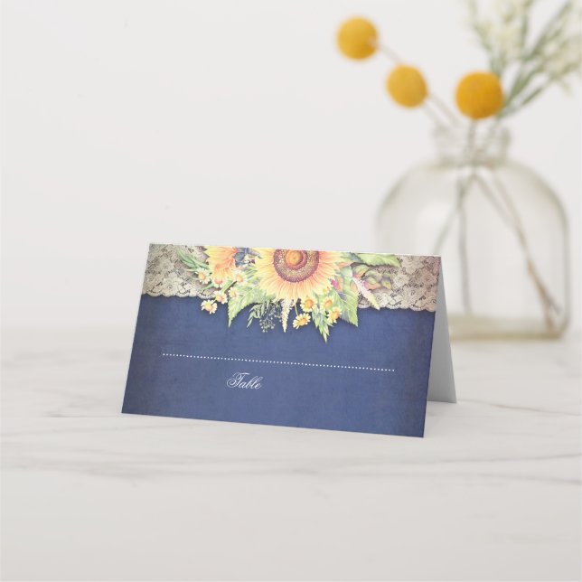 Lace and Sunflowers Rustic Navy Wedding Place Card (Front)