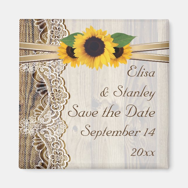 Lace and sunflowers wood wedding Save the Date Magnet (Front)