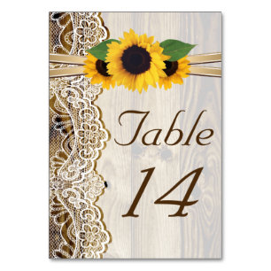Lace and sunflowers wood wedding table number
